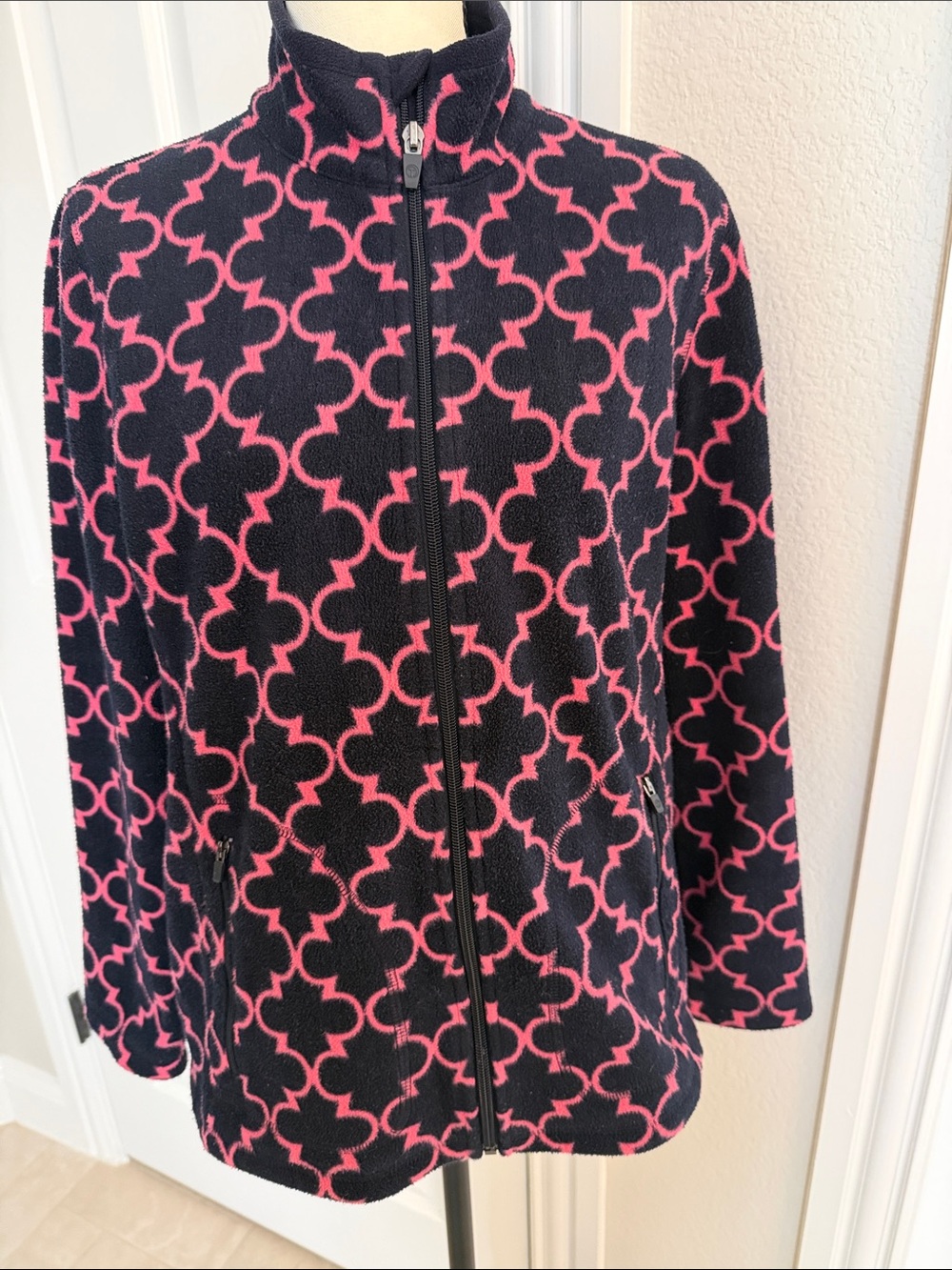 Talbots Black Fleece Jacket with Pink Geometric Print